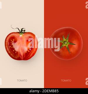 Frische Tomaten und es ist halb geschnitten mit Samen isoliert auf Kontrastierende Hintergründe Stockfoto
