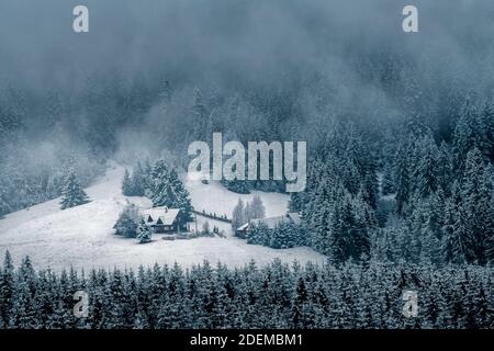 Winterlandschaft, Bucovina Landschaft, Haus bedeckt mit Schnee umgeben, Weihnachtsgrüßkarten Stockfoto