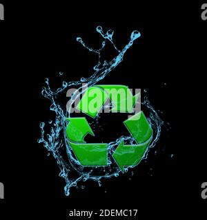 Recycling-Symbol mit Wasser Splash. Recycling-Symbol in schwarzem Hintergrund. Wasser Splash 3d-Rendering und 3D-Illustration. Stockfoto