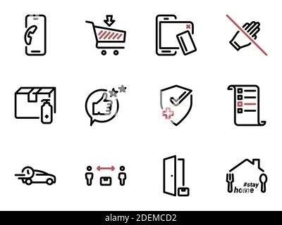 Satz schwarzer Vektorsymbole, isoliert vor weißem Hintergrund. Illustration zum Thema Service, kontaktlose Lieferung von Waren an die Tür bei einer Pandemie Stock Vektor