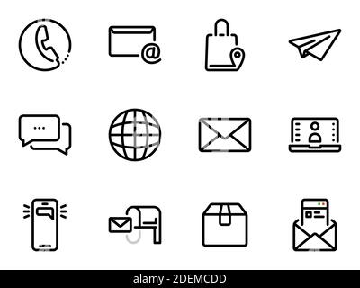 Satz schwarzer Vektorsymbole, isoliert vor weißem Hintergrund. Illustration zum Thema Mail, Lieferung von Briefen Stock Vektor
