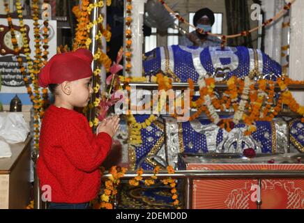 Beawar, Rajasthan, Indien, Nov 30,2020: Eifriger Anhänger bietet Gebete in Gurudwara anläßlich des 551.Geburtstages von Guru Nanak Dev, dem Gründer der Sikh Religion, in Beawar an. Kredit: Sumit Saraswat/Alamy Live Nachrichten Stockfoto