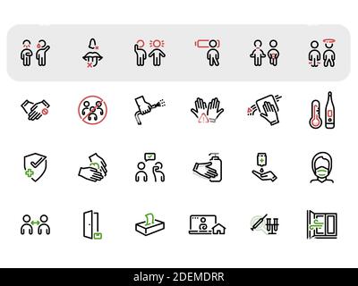 Symbole mit flacher Linie festgelegt. Vektor-Illustration zum Thema Symptome der Krankheit, Empfehlungen und Kontraindikationen Stock Vektor