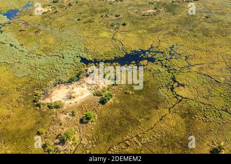 Panorama-Luftaufnahme über das unberührte Moremi Game Reserve, mit Wasserstraßen im Okavango Delta in der Kalahari, Nord-Botswana, Süd-Afrika Stockfoto