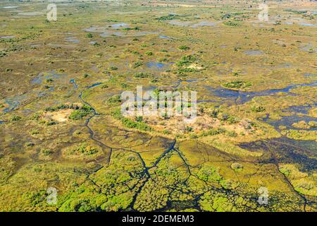 Panorama-Luftaufnahme über das unberührte Moremi Game Reserve, mit Wasserstraßen im Okavango Delta in der Kalahari, Nord-Botswana, Süd-Afrika Stockfoto