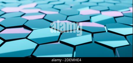 Abstrakter blauer Hintergrund, Sechsecke oder Waben, 3D CGI Rendering, sechseckige Tapete, Netzwerk-Verbindungskonzept, geometrische Illustration Design Stockfoto