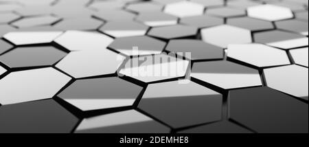 Abstrakter blauer Hintergrund, Sechsecke oder Waben, 3D CGI Rendering, sechseckige Tapete, Netzwerk-Verbindungskonzept, geometrische Illustration Design Stockfoto