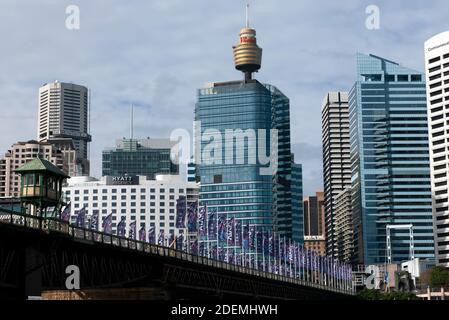 Nahaufnahme der Pyrmont Bridge im Darling Harbour, Sydney, Australien Stockfoto