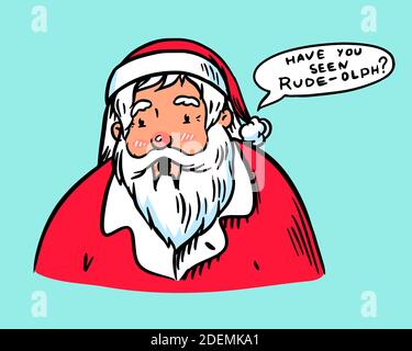 Weihnachtsmann. Der bärtige Großvater sucht einen Hirsch. Weihnachtssymbol. Poster oder Banner für den Urlaub. Festliche Vektorgrafik für Etikett Stock Vektor