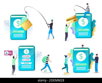 Mobile Phishing Attack Set, flache Vektor isolierte Illustration. Hacker stehlen persönliche Informationen und Geld. Stock Vektor