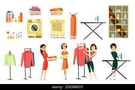 Wäscheservice Service-Set, flache Vektor isoliert Illustration. Weibliche Charaktere machen Wäsche, Bügeln von Kleidung. Stock Vektor