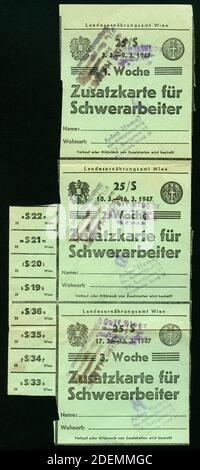 Europa, Österreich, Wien, Zeit nach dem 2. Weltkrieg, Zusatzkarte ( Lebensmittelkarte ) für Schwerarbeiter, Karte beginnt am 03. 03. 1947, Größe: 28,4 cm x 11,9 cm, Rechte werden nicht vertreten / Europa, Österreich, Wien, Zeit nach dem Zweiten Weltkrieg, zusätzliche Rationsmarken für Schwerarbeiter, Beginn der Lebensmittelzusatzkarte 03. 03. 1947, Größe: 28,4 cm x 11,9 cm, es gibt keine Rechte. Stockfoto