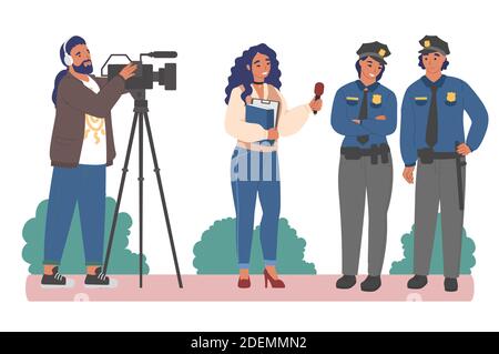 Interview mit Polizeibeamten. Journalistin interviewt Polizist und Polizistin, flache Vektor-Illustration. Stock Vektor