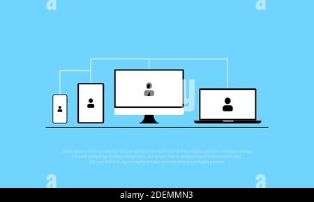 Plattformübergreifende Software. Synchronisierte Geräte, Browser-Synchronisierung. Geräteübergreifende Synchronisierung, geräteübergreifende Verfolgung, browserübergreifende Synchronisierung Stock Vektor