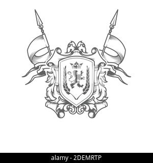 Kaiserliches Wappen, heraldisch geprägtes königliches Schild mit gekreuzten Fahnen, althergerisches mittelalterliches Symbol, Vektor Stock Vektor