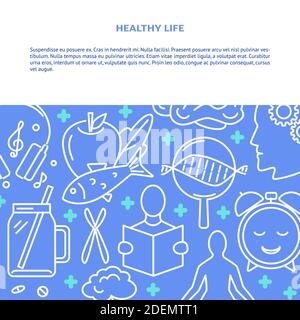 Gesundes Leben Konzept Hintergrund in Linie Stil mit Text. Themenbanner zur Gesundheitsverbesserung. Vektorgrafik. Stock Vektor