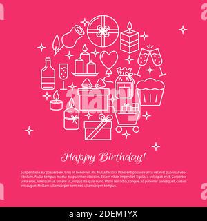 Happy Birthday rund Konzept Banner Vorlage in Linie Stil mit Platz für Text. Poster mit Feier Symbole einschließlich Kerzen und Geschenk-Boxen. Vect Stock Vektor