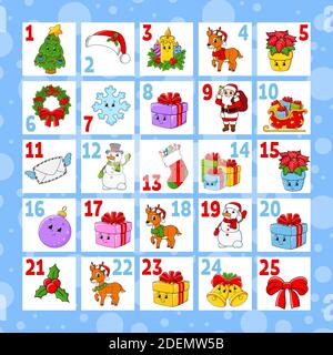 Weihnachts-Adventskalender mit niedlichen Charakteren. weihnachtsmann, Hirsch, Schneemann, Tannenbaum, Schneeflocke, Geschenk, Kugel, Socke. Cartoon-Stil. Mit den Zahlen 1 bis Stock Vektor