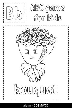Buchstabe B ist für Blumenstrauß. ABC-Spiel für Kinder. Alphabet Malseite. Zeichentrickfigur. Wort und Buchstabe. Vektorgrafik. Stock Vektor