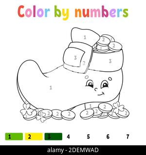 Farbe nach Zahlen. Bild für Kinder. Vektorgrafik. Zeichentrickfigur. Von Hand gezeichnet. Arbeitsblattseite für untergeordnete Elemente. Isoliert auf weißem Hintergrund Stock Vektor