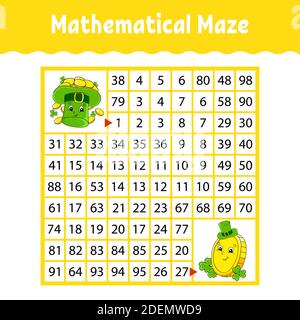 Mathematisches quadratisches Labyrinth. Spiel für Kinder. Zahlenlabyrinth. Arbeitsblatt zum Bildungswesen. Aktivitätsseite. Puzzle für Kinder. Zeichentrickfiguren. Farbvektor i Stock Vektor
