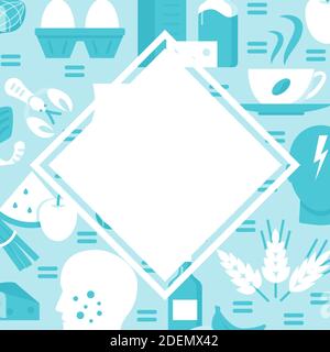 Poster Vorlage für Lebensmittelallergie im flachen Stil mit Platz für Text. Hintergrund mit Allergiesymptomen und Produktsymbolen. Vektorgrafik. Stock Vektor