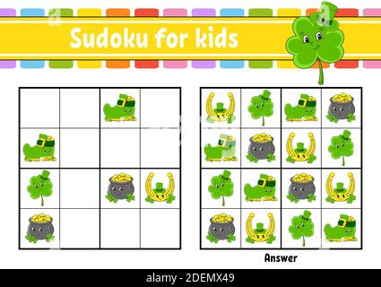 Sudoku für Kinder. Arbeitsblatt zur Entwicklung von Schulungen. Zeichentrickfigur. Aktivitätsseite Farbe. Puzzle-Spiel für Kinder. Schulung zum logischen Denken. Isoliert Stock Vektor