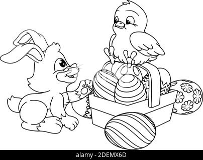 Ostereier Bunny und Küken Malbuch Cartoon Stock Vektor