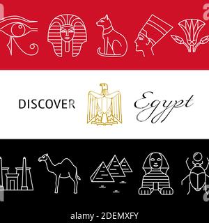 Entdecken Sie Ägypten Concept Banner mit beliebten Symbolen und Nationalflaggenfarben. Vektorgrafik. Stock Vektor