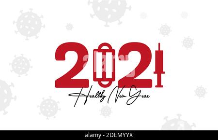 Gesundes neues Jahr Poster. Happy New Year 2021 Icon entwickelt aus dem Corona-Virus und Spritze, der Corona-Virus-Impfstoff. Stock Vektor