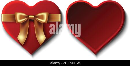 3d realistische Vektor rot Samt Candy offene Box mit goldener Schleife in Herzform. Ansicht von oben mit Unterseite und Abdeckung. Isoliertes Illustrationssymbol. Stock Vektor