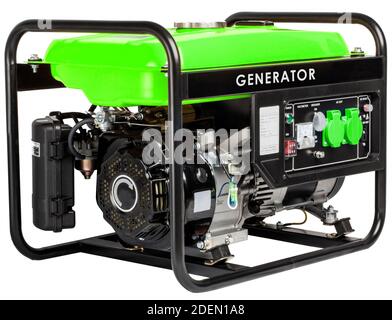Tragbarer elektrischer AC-Generator - Mobile Benzingeneratoren, isoliert auf weiß. Industrie- und Wohnimmobilien-Stromerzeuger auf weißem Hintergrund. Stockfoto