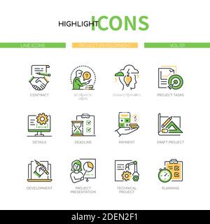 Projektentwicklung - Moderne Linie Design Stil Icons gesetzt. Geschäfts- und Workflow-Idee. Vertrag, Forschungsarbeit, Brainstorming, Details und Aufgaben, Deadl Stock Vektor