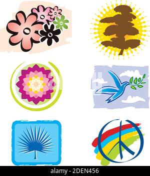 Set von Symbolen für Logo Design - Natur, Lotus Blume und Frieden Zeichen, Regenbogen Farben Stock Vektor