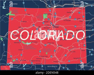 Colorado State detaillierte editierbare Karte mit Städten und Städten, geografischen Standorten, Straßen, Eisenbahnen, Autobahnen und US-Autobahnen. Vector EPS-10-Datei, Stock Vektor