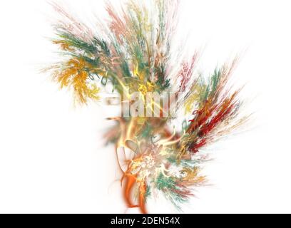 Farbiges, abstraktes, fraktales Bild auf weißem Hintergrund. Mischfarben auf Leinwand. Explosion, Blätter, Pflanze, Blumen Tapete, Hintergrund. Stockfoto