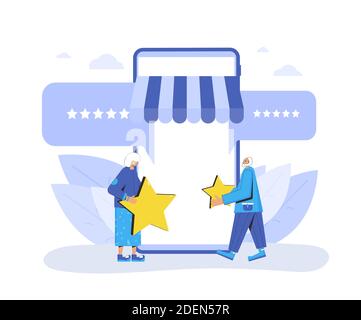 Bewertung durch Kunden. Feedback-Konzept. Glückliche ältere Kunden stehen mit goldenen Sternen mit Telefon. Ruf der App im Online-Shop. Rang auf der Shopping-Website Stock Vektor