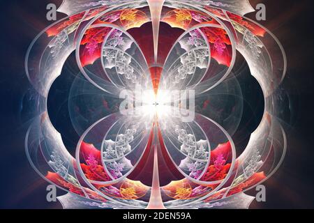 Symmetrisches Farbmuster von Blumen und Lichtstrahlen, vor dunklem Hintergrund. 3d-Rendering Stockfoto