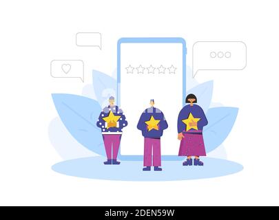 App Feedback Konzept. Kunde, der eine gute Note gibt. Drei Charaktere stehen in der Nähe von riesigen Telefon und hält Sterne in den Händen. Service-Bewertung. Zufriedenheit l Stock Vektor