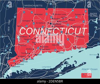 Connecticut State detaillierte editierbare Karte mit Städten und Städten, geografischen Standorten, Straßen, Eisenbahnen, Autobahnen und US-Autobahnen. Vector EPS-10 Fi Stock Vektor