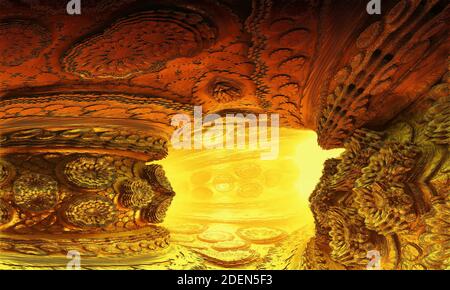Fantastische, surreale Landschaft eines anderen Planeten. Felsen, Tunnel. 3D-Rendering. 3d-Bild. Stockfoto