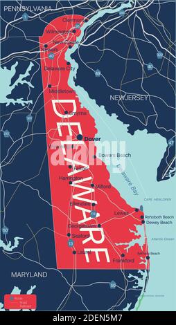 Delaware State detaillierte editierbare Karte mit Städten und Städten, geografischen Standorten, Straßen, Eisenbahnen, Autobahnen und US-Autobahnen. Vector EPS-10-Datei, Stock Vektor