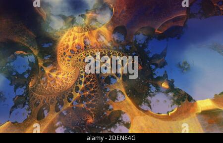 3d-Bild eines Fraktals in Form von riesigen Blättern, die sich in den Himmel erstrecken. 3d-Illustration Stockfoto