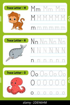 Schreiben von Briefen. Seite „Tracing“. Übungsblatt. Arbeitsblatt für Kinder. Übung für Vorschulen. Alphabet lernen. Niedliche Charaktere. Vektorgrafik. Wagen Stock Vektor