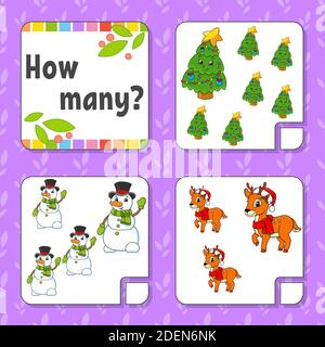 Zählspiel für Kinder. Fröhliche Charaktere. Mathematik lernen. Wie viele Objekte im Bild. Arbeitsblatt zum Bildungswesen. Weihnachtsthema. Isolierter Vec Stock Vektor