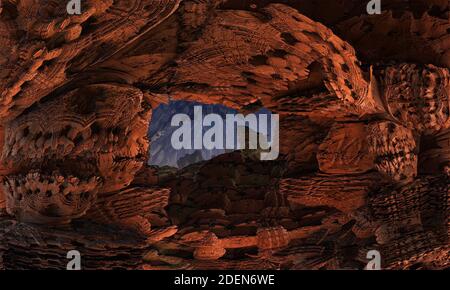 Ein einzigartiges fraktales Bild des Eingangs zu einem Felsentunnel, einer Höhle. 3d-Illustration Stockfoto
