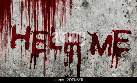 Eine Illustration der Phrase 'HILF MIR', die in einem blutigen Design an die Wand geschrieben wurde - das Konzept des blutigen Todes, Halloween Stockfoto