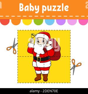Baby Puzzle. Einfaches Niveau. Flash-Karten. Schneiden und spielen. Weihnachtsthema. Vorgangsarbeitsblatt farbig färben. Spiel für Kinder. Zeichentrickfigur. Stock Vektor
