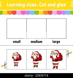 Lerngrößen. Schneiden und kleben. Einfaches Niveau. Weihnachtsthema. Vorgangsarbeitsblatt farbig färben. Spiel für Kinder. Zeichentrickfigur. Vektorgrafik. Stock Vektor