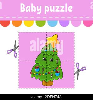 Baby Puzzle. Einfaches Niveau. Flash-Karten. Schneiden und spielen. Weihnachtsthema. Vorgangsarbeitsblatt farbig färben. Spiel für Kinder. Zeichentrickfigur. Stock Vektor